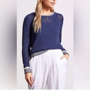 TRIBAL Loose Knit Cotton Crew Neck Sweater w. White Trim - Navy - Sz M